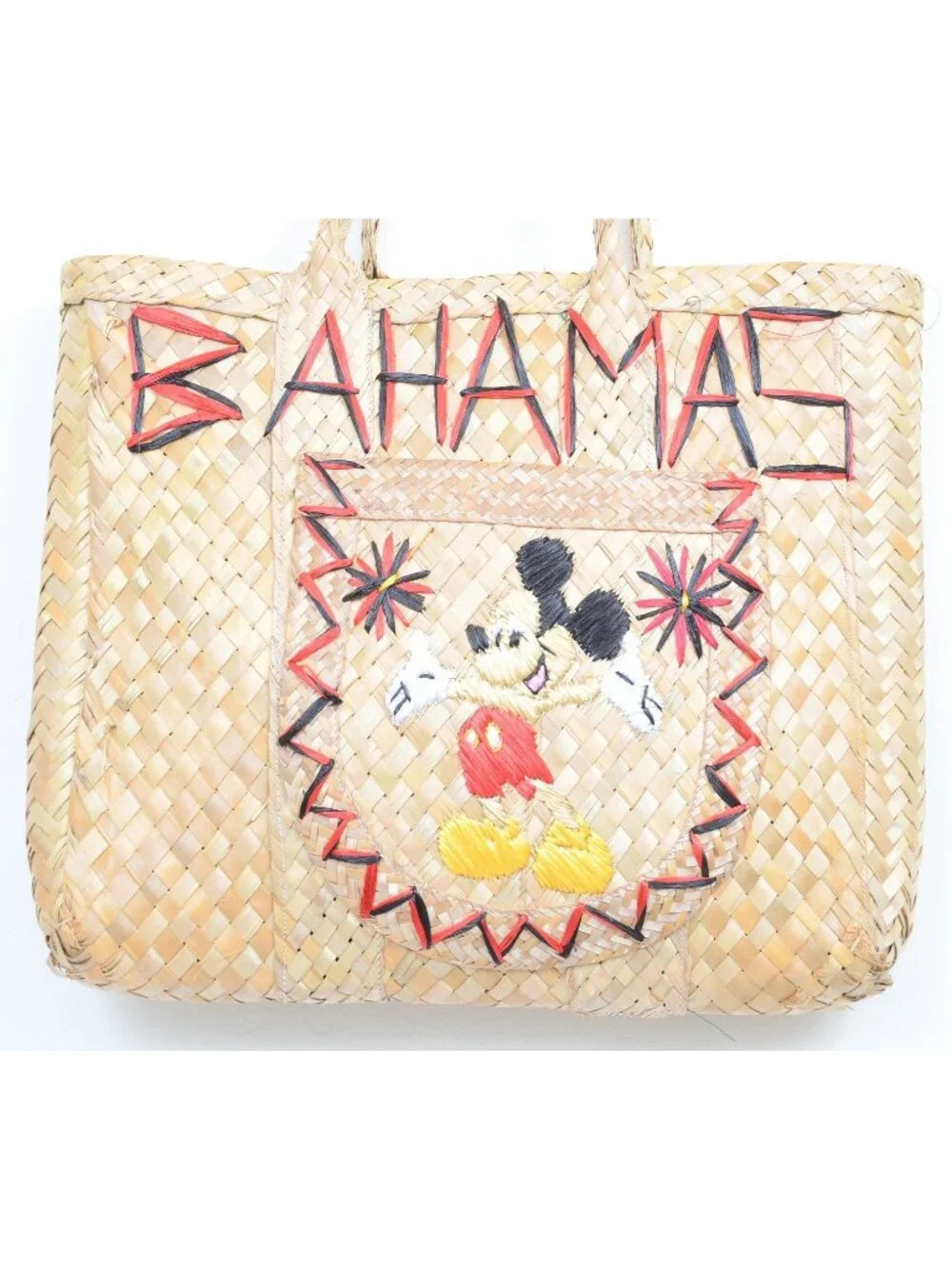 Vintage Bahamas Disney's Mickey Mouse Woven‎ Straw Embroidery Tote Bag Purse